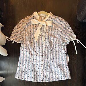 Unique Vintage Cherry Print Blouse with Bow